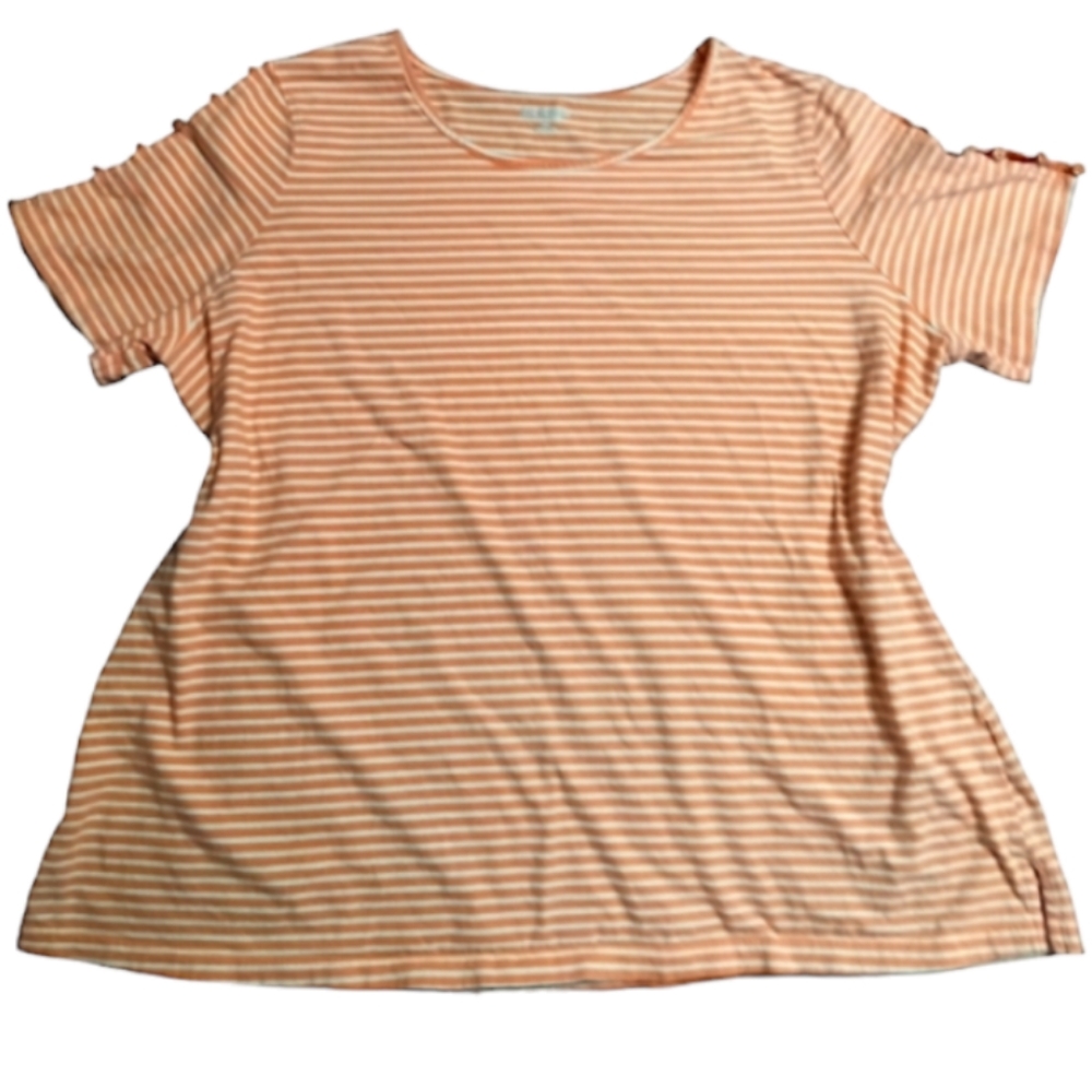 KIM ROGERS Curvy | 100% Cotton Orange/White Striped Short Sleeve Top | 1X